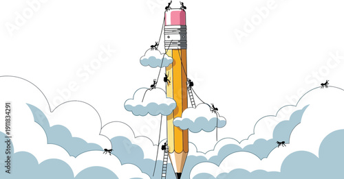 Ants climbing a giant pencil surrounded by clouds in a creative cartoon illustration design
