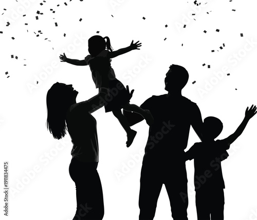 Happy family celebrates together under confetti with joy and love in a heartwarming moment