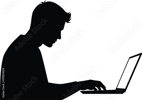 Man intensely focused on laptop screen in a silhouette profile view illustration