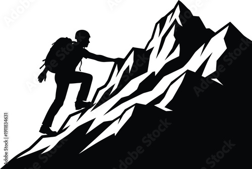 Silhouette of a climber ascending a rugged mountain with a large backpack and determination