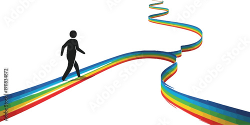 Silhouette person walks on a rainbow colored road representing a journey through life stages