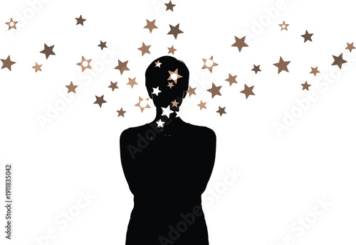 Silhouetted person surrounded by shining stars, symbolizing creativity and inspiration in a mystical atmosphere