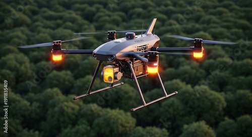 Advanced drone with camera and lights flying over green forest canopy