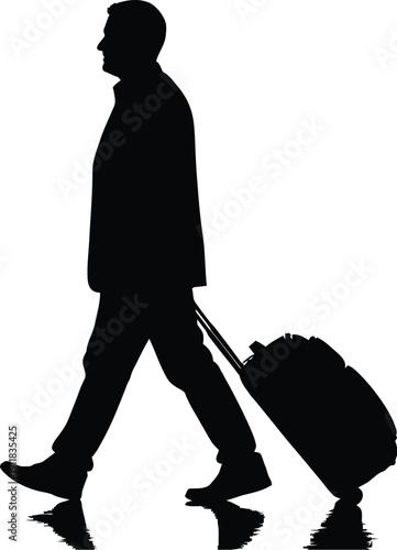 Man with suitcase walking alone with determination and purpose silhouette profile