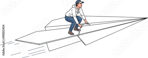 Man rides on a large paper airplane with controls in hand confidently steering