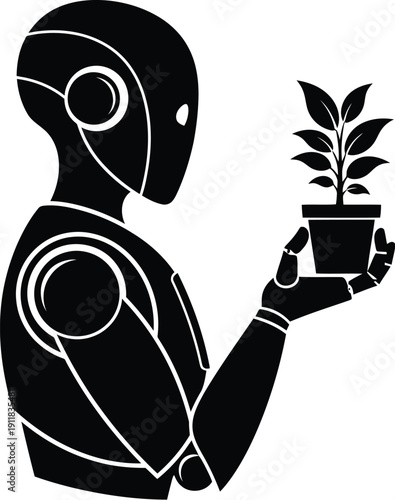Robot tenderly holds a potted plant showcasing its nurturing capabilities and advanced technology