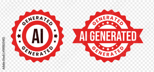 AI Generated Content Verification Stamps Set in Red Color Isolated on White Background
