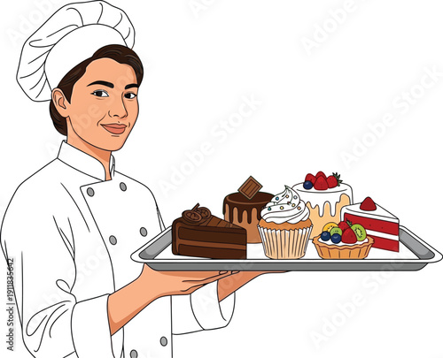 Professional pastry chef presenting assortment of sweet treats and baked desserts on a tray