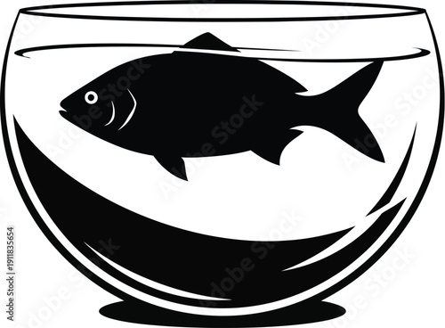 Simple black and white illustration of a fish swimming alone in a bowl