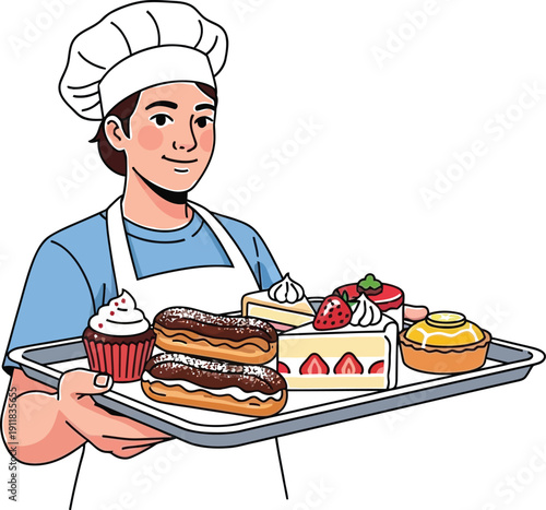 Cheerful chef proudly presents assorted desserts on a silver serving tray with precision