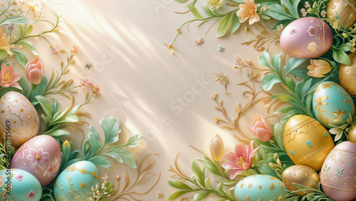 Elegant Easter still life with colorful decorated eggs and spring flowers