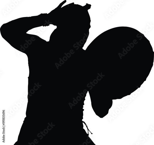 Female warrior standing confidently with a shield and sword in a fiery orange background