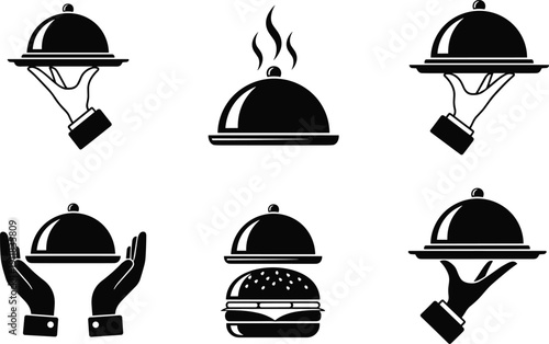 Set of restaurant food service cloche icons, hands holding silver platter tray, catering and hospitality symbols, isolated vector illustration silhouettes,