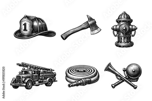Firefighting Equipment Vintage Engraving Illustration in Hand-Drawn Line Art Style