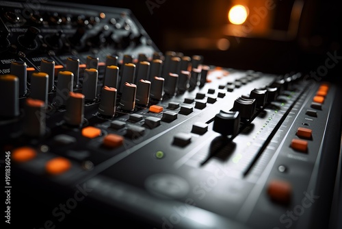 Audio mixer console with faders, knobs, and buttons illuminated in a recording studio