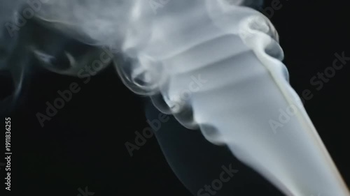 Smoke swirling gracefully against a black background, showcasing intricate patterns and fluid movement. This image captures the dynamic behavior of smoke,