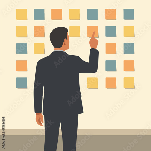 Man Pointing at Sticky Note Grid - Planning and Organization Illustration