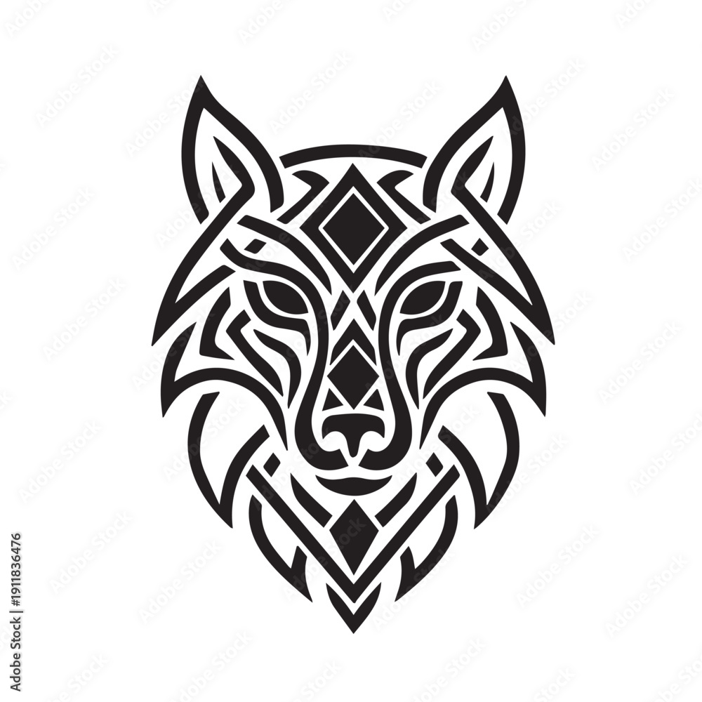 Fototapeta premium Geometric Celtic Knotwork Wolf Head - Black and White Line Art Tattoo Design Perfect for tattoo art, logo designs, merchandise, and fantasy-themed projects.