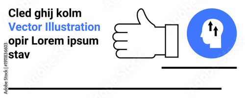 Positive feedback, mental clarity, decision-making, communication, approval, professional design. Hand showing a thumbs-up gesture next to a head icon with arrows. Positive feedback and mental