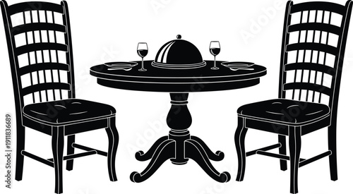 Silhouette of a classic round dining table with two chairs, wine glasses, plates, and a food cloche, elegant restaurant setting