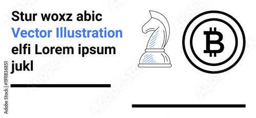 Blockchain technology, cryptocurrency strategy, digital economy, financial planning, fintech ideas, economic growth. Chess knight and Bitcoin logo in modern layout. Cryptocurrency strategy