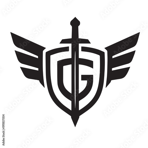 Bold symmetrical emblem featuring a pointed-bottom shield with rounded top containing two intertwined stylized "G" letters forming an abstract monogram, vertically pierced by a sharp sword blade