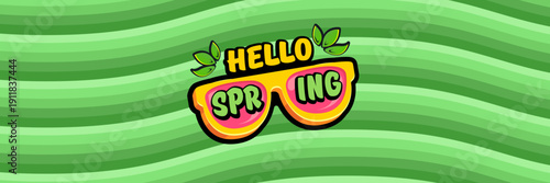 Hello Spring vector banner with text and retro yellow sunglasses isolated on green stripped wave background. Hello Spring poster design template with cartoon sunglasses, retro rainbow, good vibes