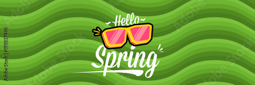 Hello Spring vector banner with text and retro yellow sunglasses isolated on green stripped wave background. Hello Spring poster design template with cartoon sunglasses, retro rainbow, good vibes