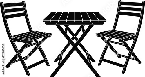 Silhouette of folding wooden bistro table and chairs, outdoor cafe furniture set, restaurant patio seating, minimalist garden dining vector illustration