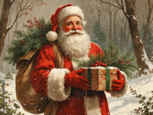 Santa Claus with gift in snowy forest
