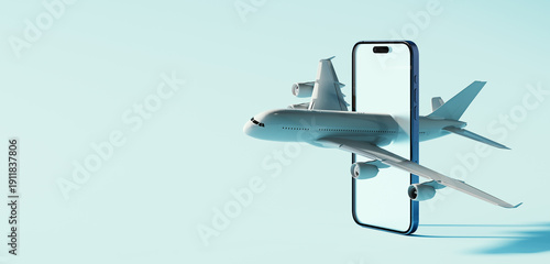 Online plane tickets. Airplane passes through smartphone screen on blue background with copy space. 3D Rendering, 3D Illustration