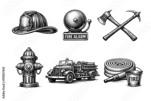 Firefighting Equipment Vintage Engraving Illustration in Hand-Drawn Line Art Style