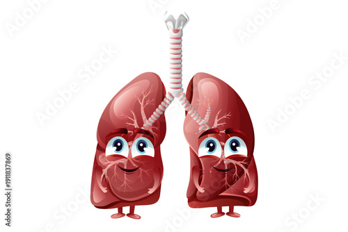 Cute cartoon healthy  lungs character. Human lungs with happy expressions, symbol of breath and respiratory system. Vector illustration.