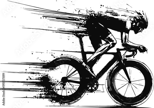 High-contrast black ink illustration of a cyclist on a road bike captured in intense motion, conveying speed, power, endurance and adrenaline with expressive ink splatter,
