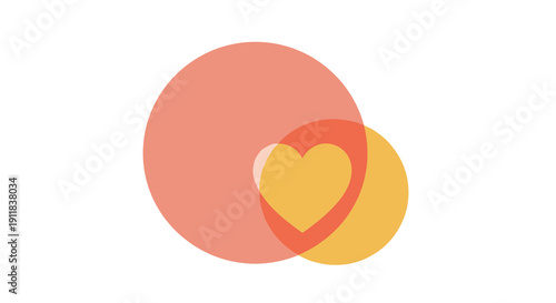 Modern abstract graphic featuring two overlapping translucent circles in warm orange and yellow hues forming a subtle heart shape in their intersection symbolizing love, Generative AI.