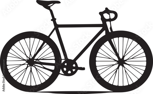 Clean black silhouette of a side-profile road bicycle featuring slender frame, two spoked wheels, curved handlebars, saddle seat, and visible pedals with chainring against plain white background.