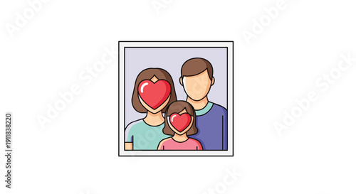 Charming illustration of a family portrait featuring a mother father and child framed with playful heart shapes lovingly obscuring their faces symbolizing privacy affection, Generative AI.