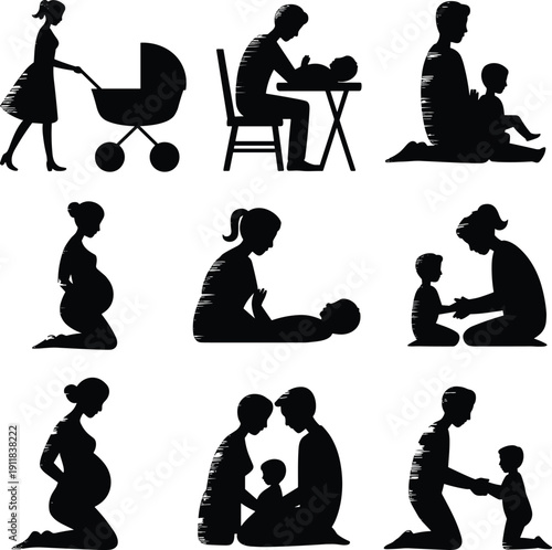 Parenting and family life silhouettes set, pregnancy motherhood fatherhood child care vector illustration collection isolated