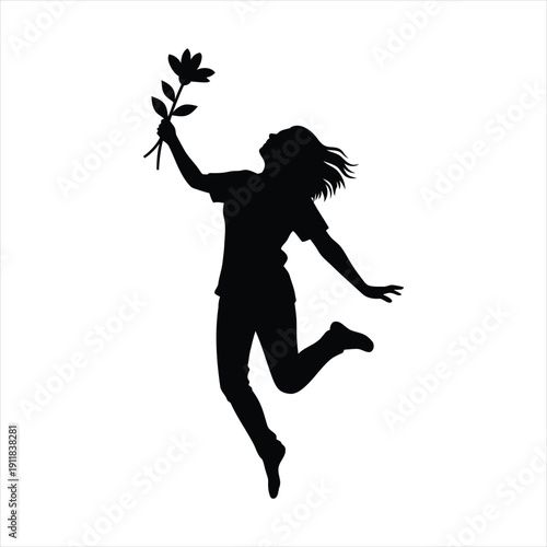 Happy woman silhouette jumping high and reaching for the flower blossom on white background