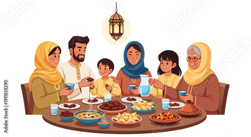 Illustration of a Muslim family sharing a meal together at a round wooden table with traditional food and drinks in a warm setting.