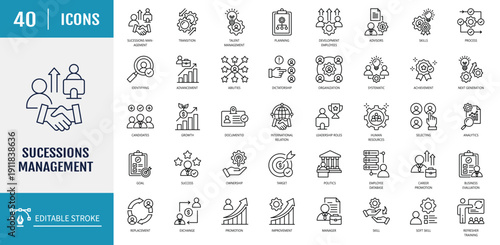 	
Succession management icon set. Includes skills, leadership, human resources, evaluation, replacement, planning and more. Outline icon set. Vector illustration with editable stroke