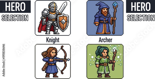Pixel art hero selection screen interface showcasing distinct character classes including a heavily armored knight an archer and two different mage variations.
