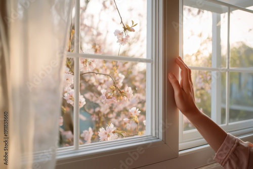 Closeup of a woman hand opening window in cozy apartment, fresh spring air entering room, blooming trees visible outside Free Download Closeup of a woman hand opening window in cozy apartment, fresh spring air entering room, blooming trees visible outside - GFXLoad