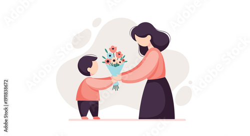 Heartwarming cartoon illustration of a young boy lovingly presenting a beautiful bouquet of fresh flowers to his smiling mother depicting appreciation affection and a, Generative AI.