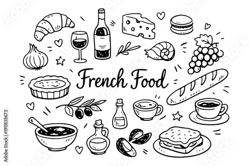 French food doodle set, hand drawn France cuisine symbols and traditional gourmet snacks in line art style