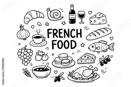French food doodle set, hand drawn France cuisine symbols and traditional gourmet snacks in line art style
