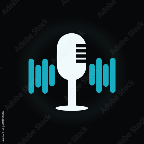 Vintage Microphone with Cyan Sound Waves - Podcast and Audio Recording Icon
