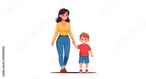 Cheerful cartoon illustration of a happy mother and her smiling child walking hand-in-hand depicting family warmth outdoor activity and the joyful journey of a loving, Generative AI.