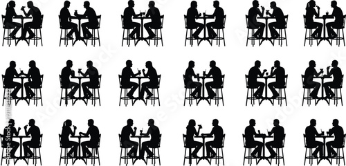Silhouette set of diverse couples sitting at bar tables drinking cocktails, date night icons for restaurant cafe and bistro design