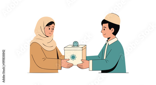Illustration of a Muslim man and woman exchanging a zakat or charity box with a white background and flat design style.